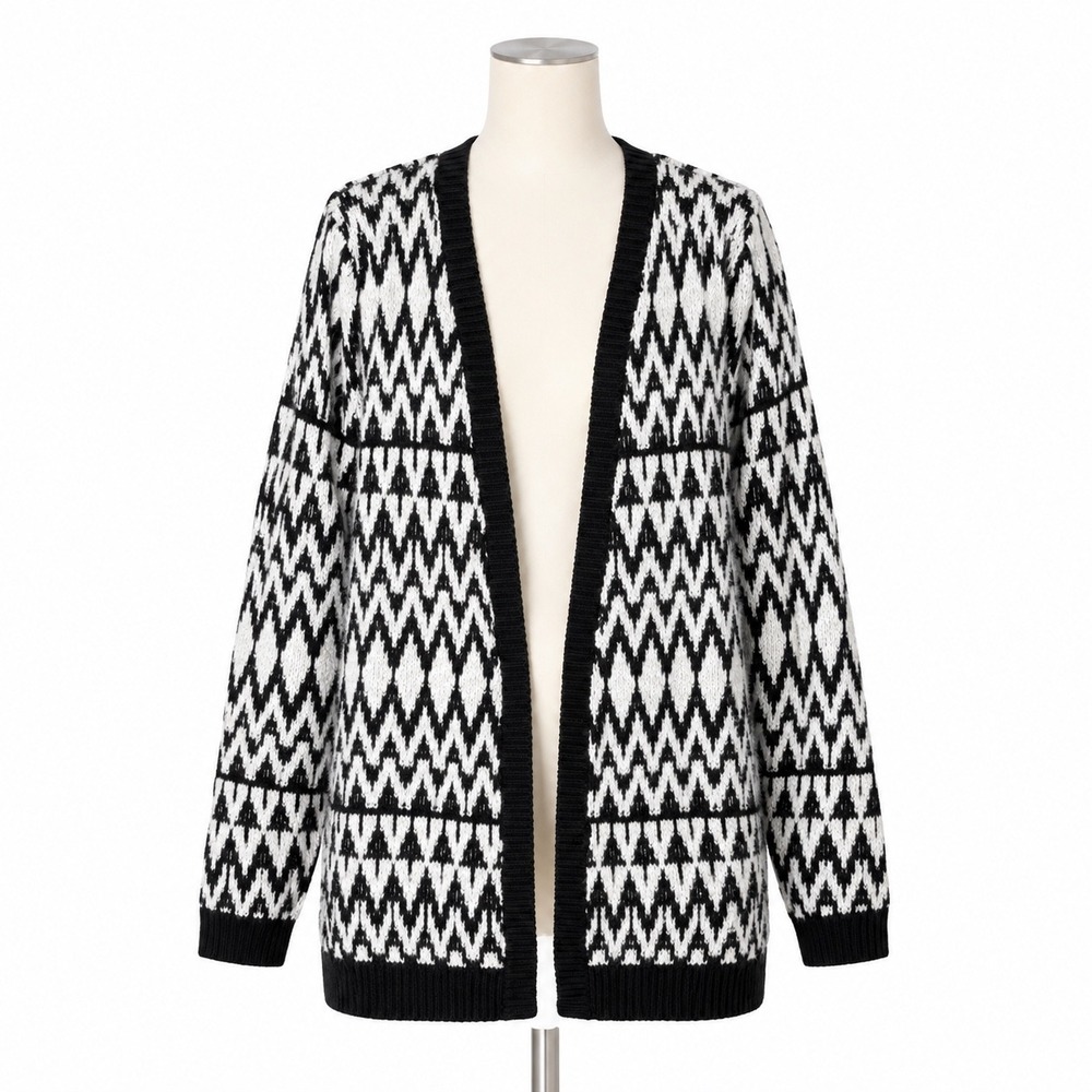 Lou & Grey Cardigan Sweater Womens L Black White Geometric Wool Blend Open Front